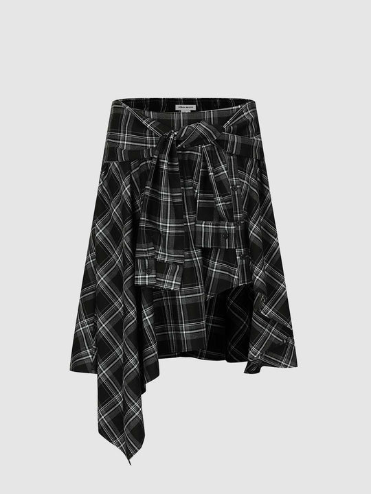 Contrast Check Asymmetric Knot-Front A-Line Midi Skirts
