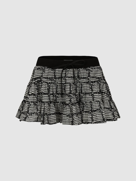 Contrast Check Pull On Tiered A-Line Mini Skirts