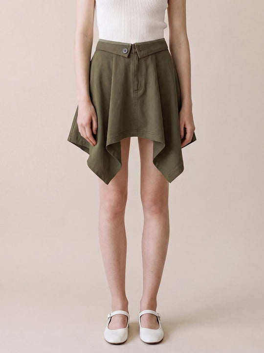 Olive Cotton Foldover Asymmetric A Line Midi Skirts