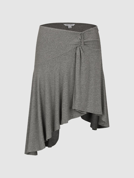 Asymmetric Knot Front Pleated Metallic Knit Midi Skirts
