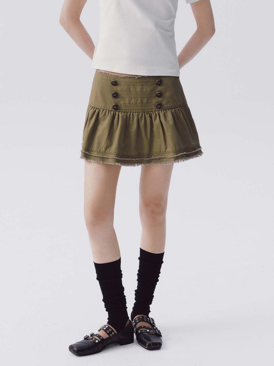 Cotton Button-Detail Pleated Frayed Hem Skirt