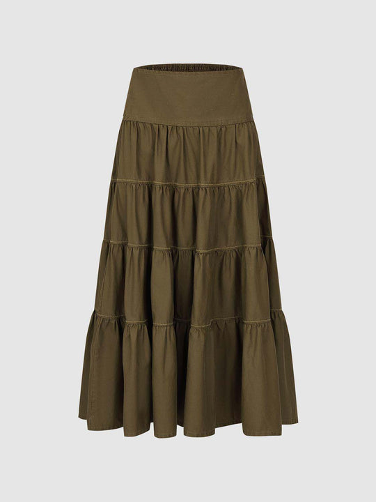 Tiered Gathered Cotton Lyocell Maxi Skirt