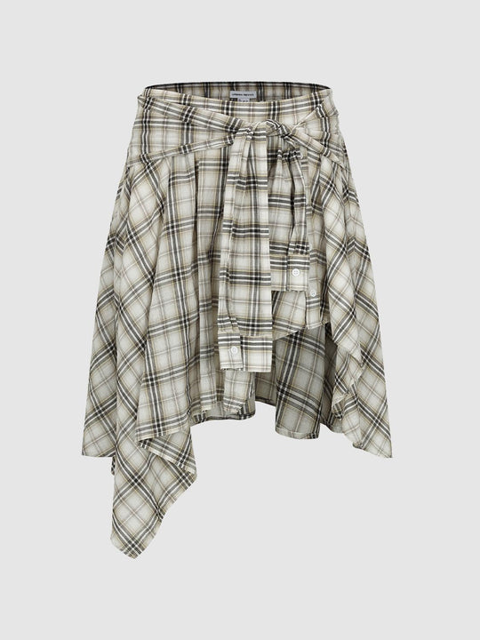 Asymmetric Plaid Wrap A-line Cotton Belted Skirt