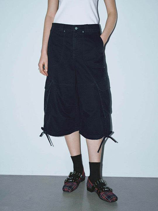 Cotton Cargo Pockets With Drawstring Hem And Topstitching Front Fly Zip Belt Loops Wide-Leg Pants