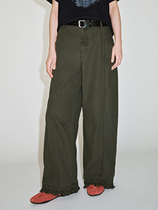 Belted Ruffle Trim Seamed Barrel Leg Pants