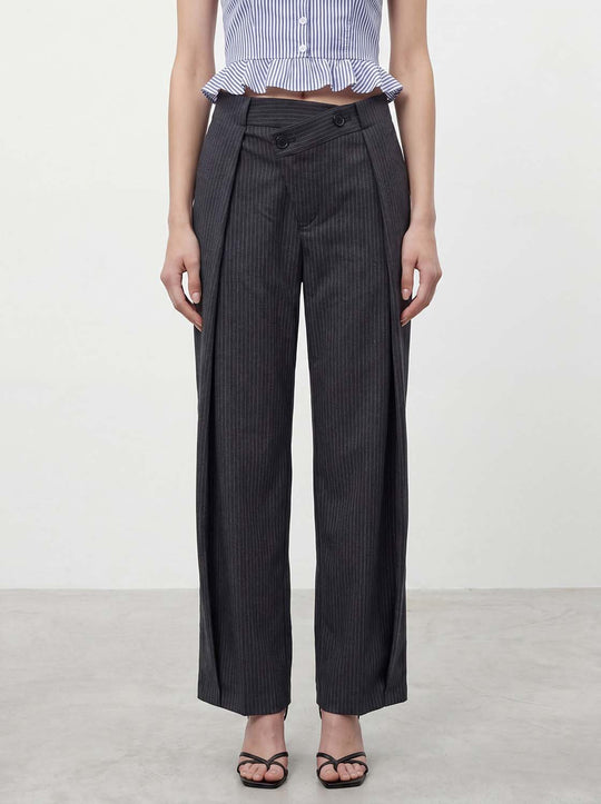 Pinstripe Asymmetric Wrap Waist Pleated Wide Leg Pants
