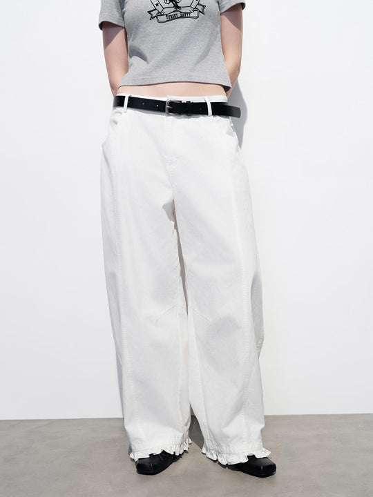 100% Cotton Decorative Belt Wide-Leg Pants