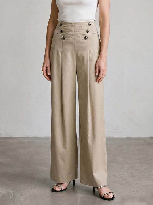 Pleated Button-Detail Waist Wide-Leg Pants