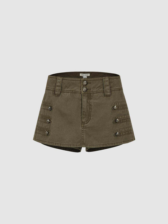 Cotton Buttoned Side-Panel Detailing With Visible Metal Hardware And Precise Seaming Skort