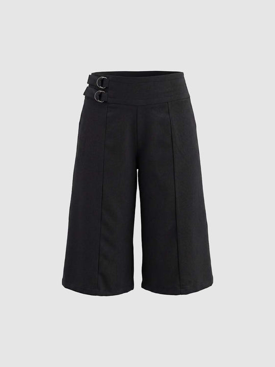 Double Buckle Pleated High-waisted Wide-leg Capri Pants