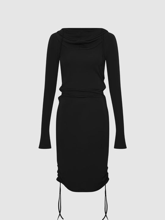 Hooded Cowl Neck Ruched Drawstring Slim Fit Mini Dress