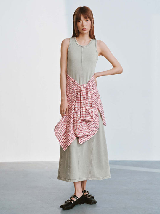 U-Neck Sleeveless Seamed A-Line Midi Dresses