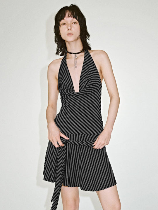 Halter Cowl Neck Striped Sleeveless Straight Midi Dresses