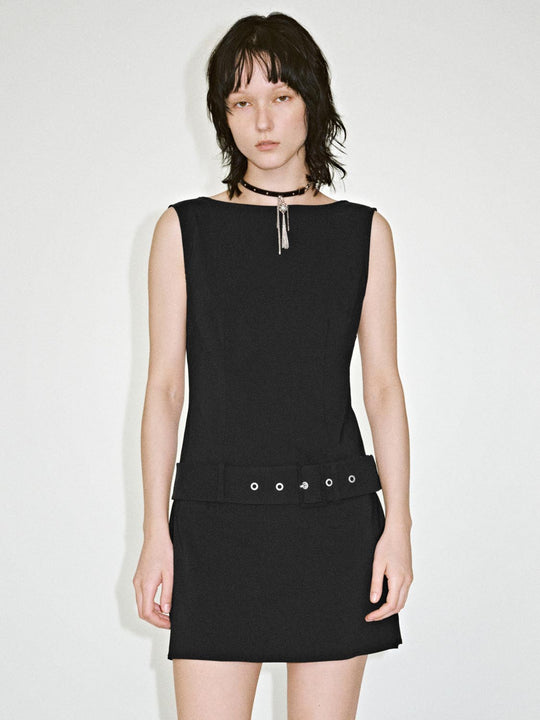 Belted Boat Neck Sleeveless A-Line Midi Dresses