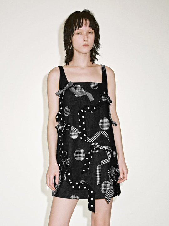 Check Bow Applique Strappy A-Line Midi Dresses