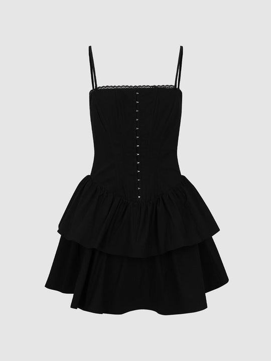 Strappy Button Detail Tiered Ruffle A-Line Mini Dresses