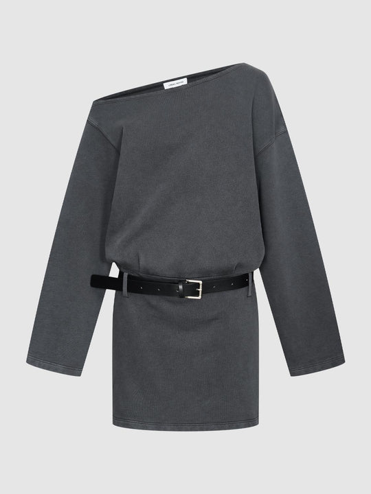 One Shoulder Long Sleeve Belted A-Line Midi Dresses