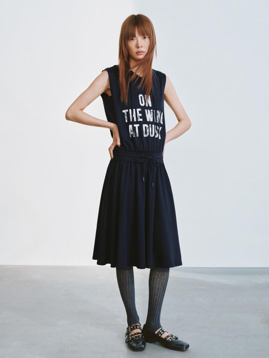 Cotton Sleeveless Drawstring Pleated A Line Midi Dresses