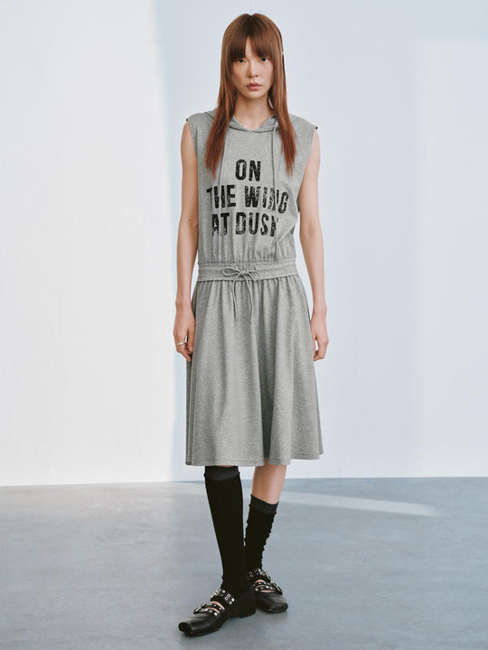 Hooded Sleeveless Seamed A-Line Midi Dresses