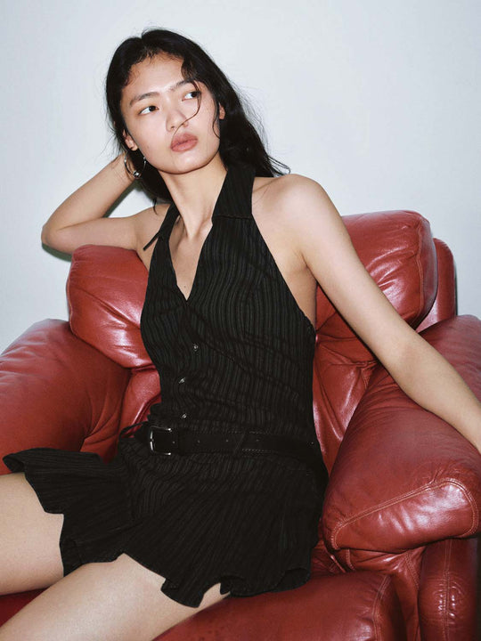 Collared V-Neck Sleeveless Striped A-Line Mini Pleated Dresses