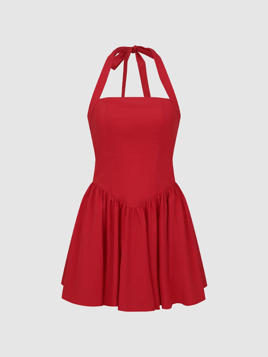 Halter Neck Shirring Detail A-Line Mini Dresses