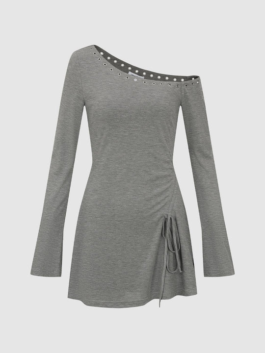 Grey Knit One Shoulder Dress With Studded Trim Tie Midi Dresses