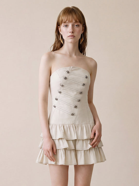 Strapless Corset Bodice Tiered Hem Cotton Linen Dress