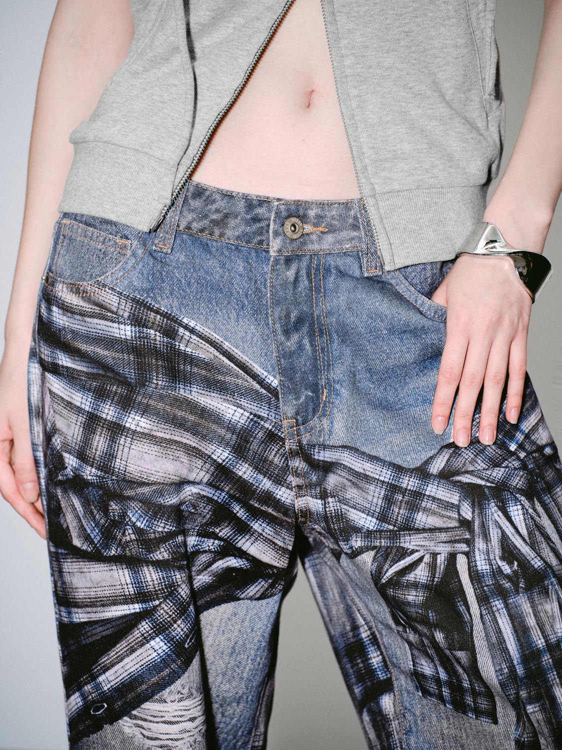 Paneled Ripped Denim Jeans