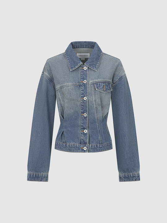 Lapel Collar Flap Pocket Button Up Cropped Denim Jacket
