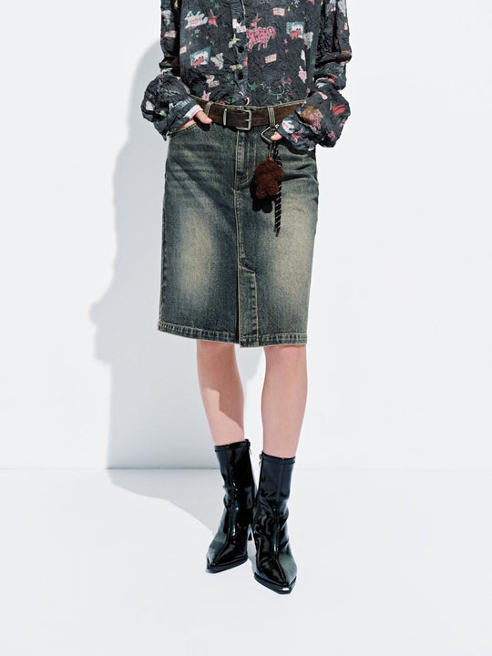 Buckle Decor Denim Midi Skirts