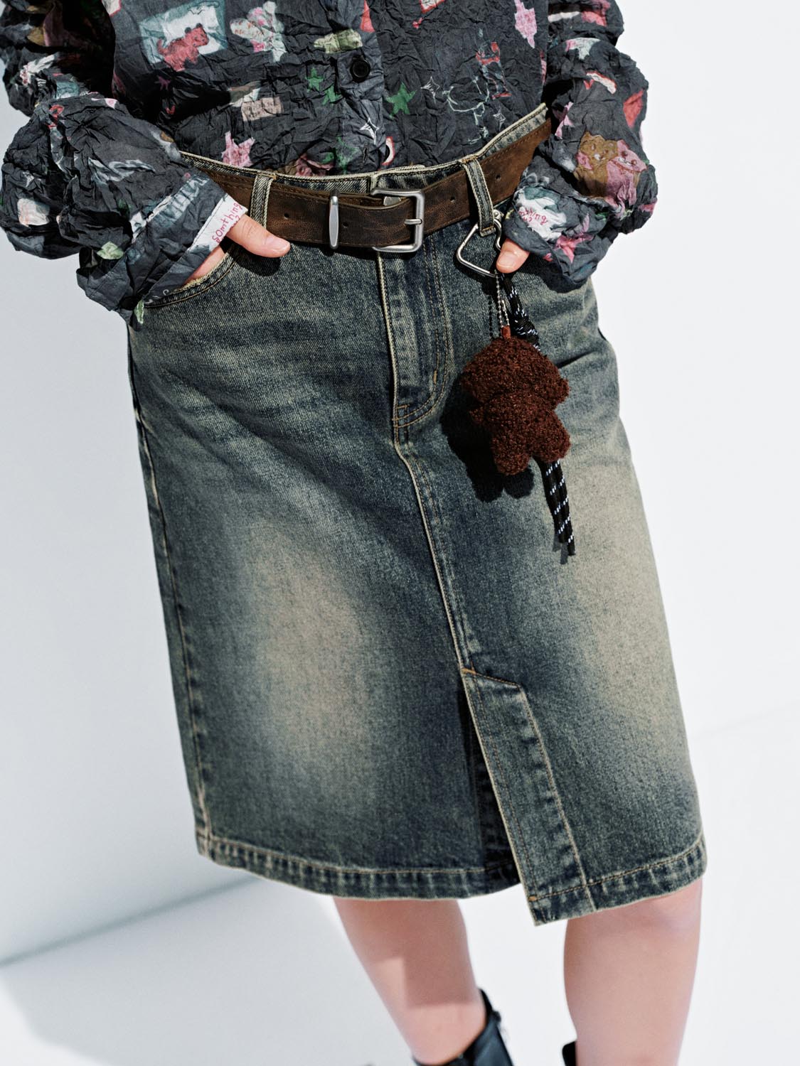 Buckle Decor Denim Midi Skirts