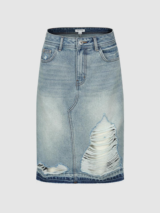 Ripped Raw Hem Denim Midi Skirts