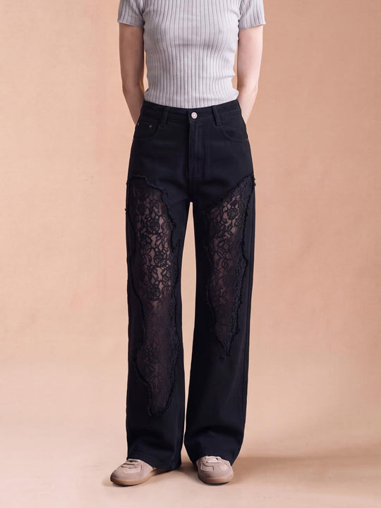 High Rise Ripped Lace Panel Wide Leg Cotton Jeans