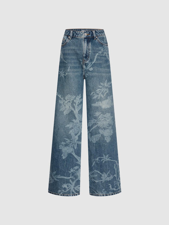 Cotton Floral Print High-Waisted Wide-Leg Jeans