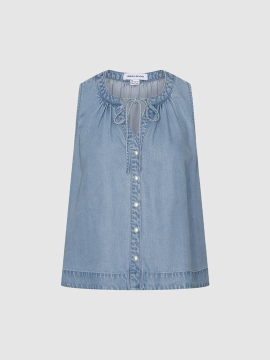 Tie Front Crew Neck Sleeveless Denim Shirts