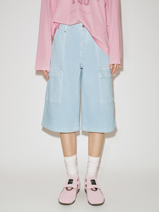 Flap Pocket Wide Leg Denim Shorts