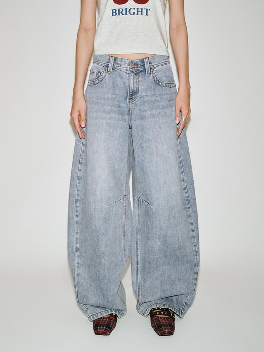 Mid Rise Seam Detail Loose Barrel Leg Denim Jeans