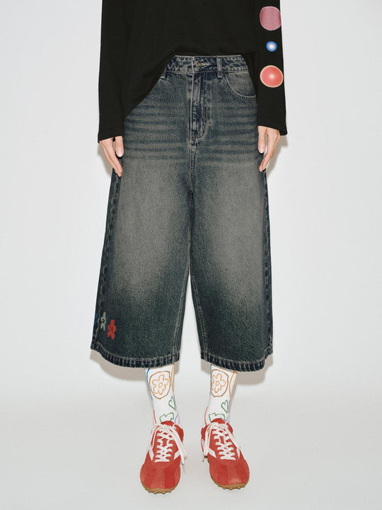 Embroidered Washed Denim Shorts