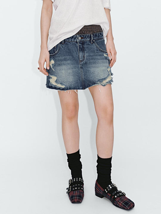 2 In 1 Contrast Ripped Denim Mini Dresses