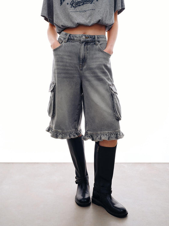 Cotton Cargo Shorts With Frill Hem And Cargo Pockets Shorts