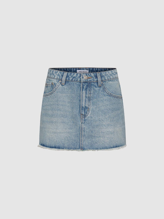 Raw Hem Light Wash High-waisted Cotton Denim Skirt