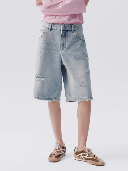 Cotton Distressed Studded Bermuda Shorts