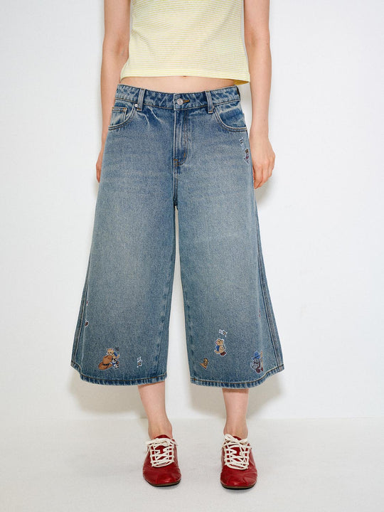 Patchwork Wide-leg Side Slit Cotton Capri Jeans