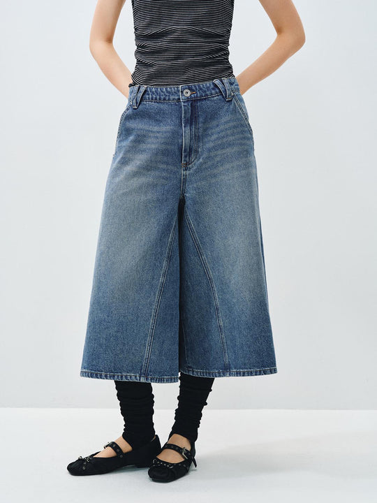 High Waisted Wide-leg Cotton Capri Jeans With Light Wash