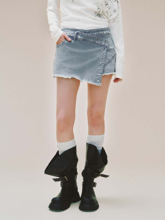 Asymmetric Wrap Studded Frayed Cotton Skirt