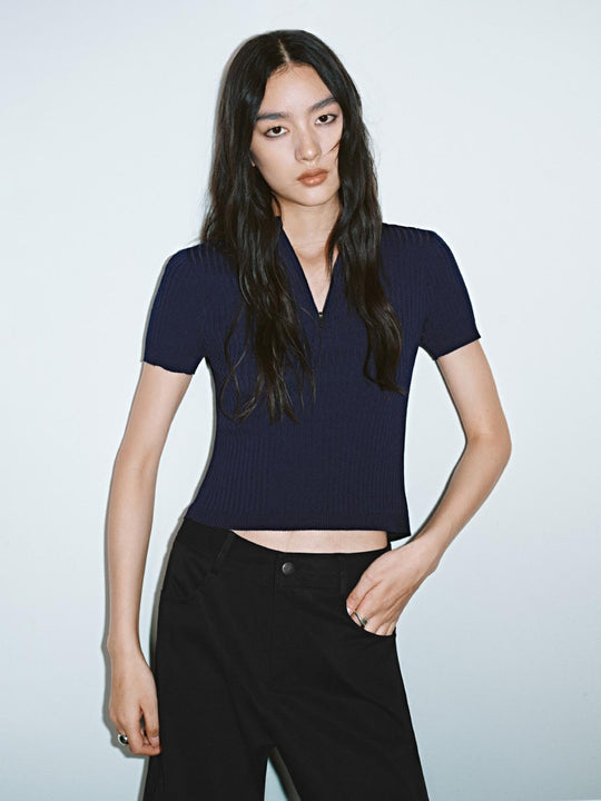 Half Zip Ribbed Slim Fit Knitted T-Shirts