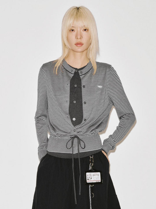 Crew Neck Embroidered Striped Tie Detail Knitted Cardigans