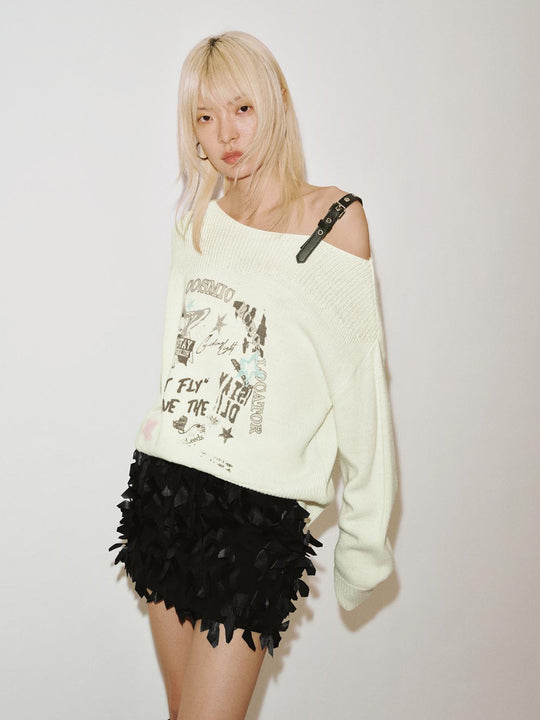 Belt Detail One Shoulder Long Sleeve Knitted T-Shirts