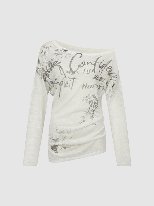 Thin Text Print Long Sleeve Boat Neck Knit T-shirt