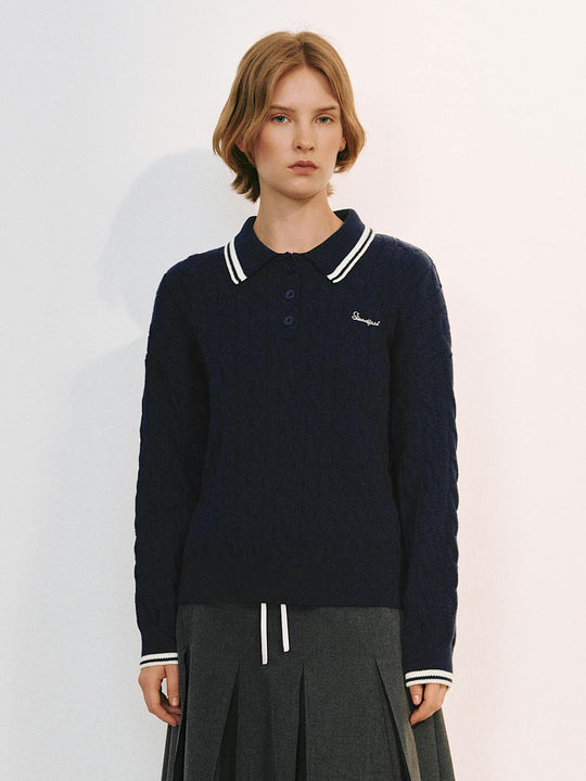 Embroidered Polo Collar Long Sleeve Cotton Blend Sweater